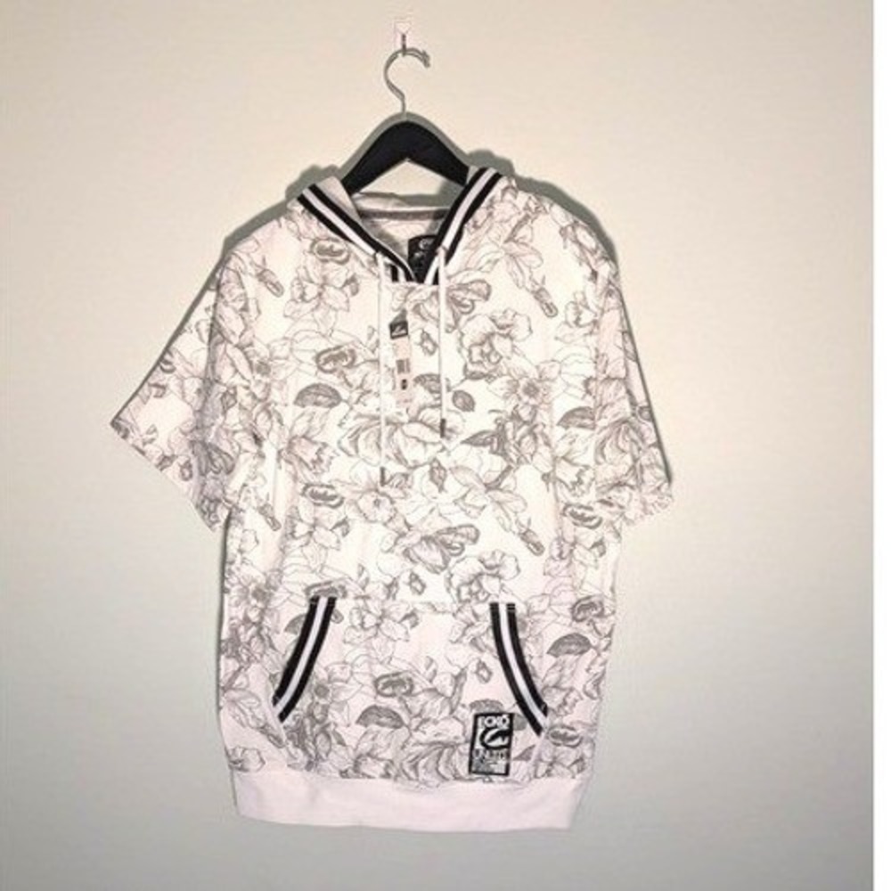 Ecko Unltd. Men's Med Short Sleeve Hoodie White Floral Sketch Print Pullover NWT